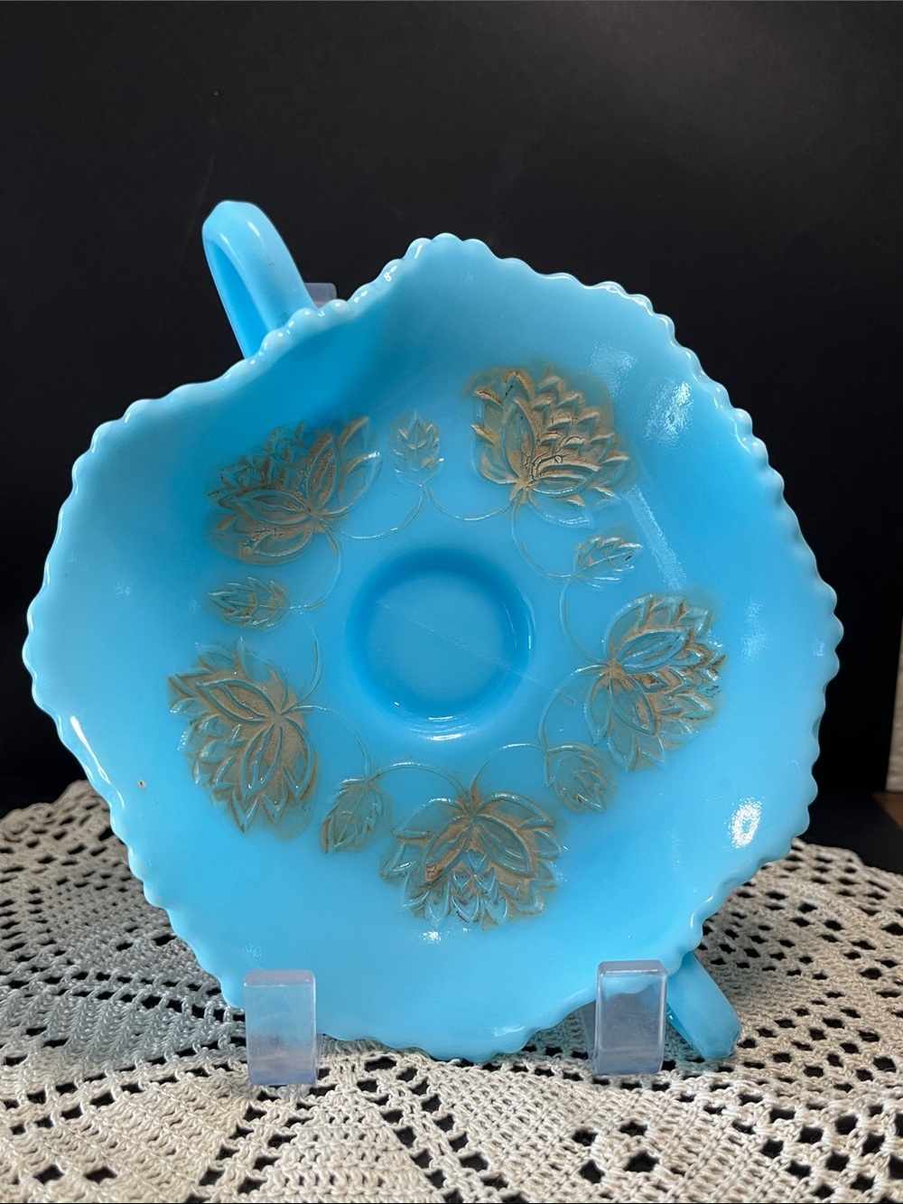 Vintage Delphite Blue Glass Handled Serving Bowl Gold Floral Design, Fenton